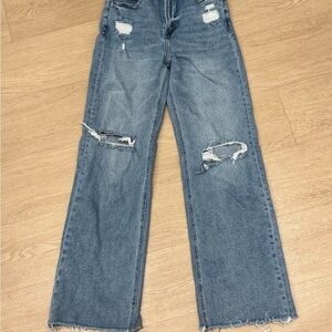 Mica Los Angeles Distressed High-Rise Wide Leg Jeans - Light Blue